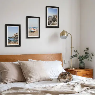 3-Piece wall art set seaside views with boats and white houses in Greece