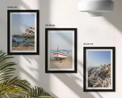 3-Piece wall art set seaside views with boats and white houses in Greece