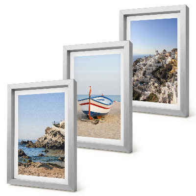3-piece wall art set Seaside views with boat and white houses Greece