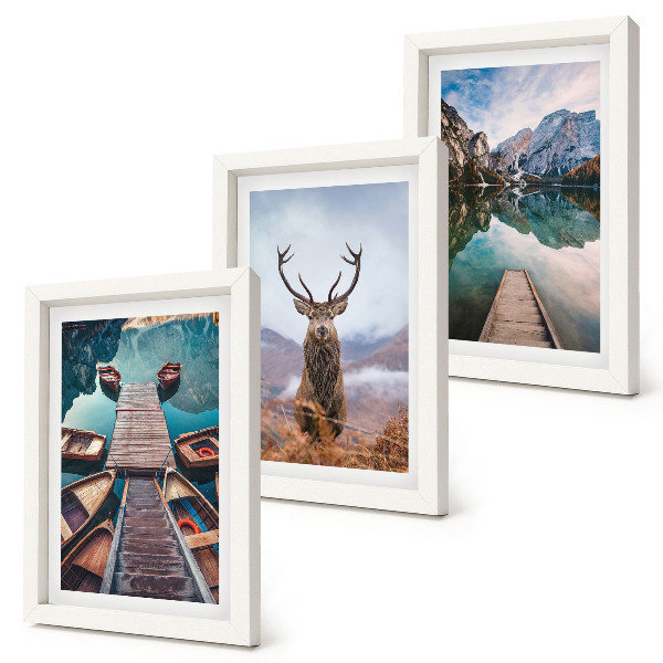 Photo frame wall Lake with boats, deer and mountain landscape