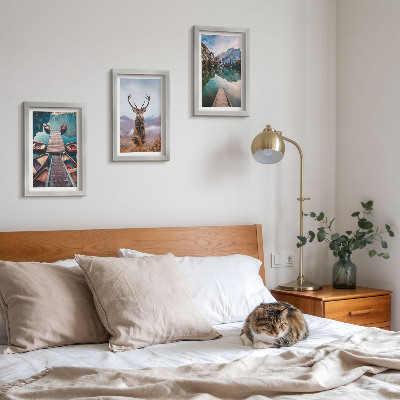 Photo frame wall Lake with boats, deer and mountain landscape
