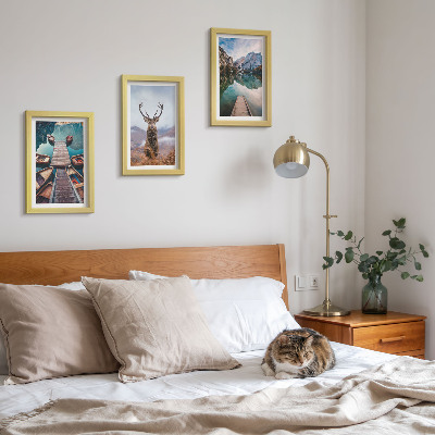 Photo frame wall Lake with boats, deer and mountain landscape