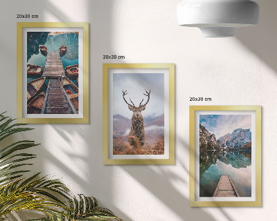 Photo frame wall Lake with boats, deer and mountain landscape