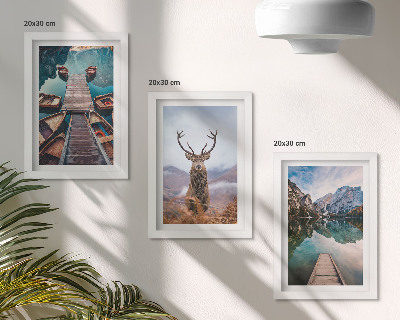 Photo frame wall Lake with boats, deer and mountain landscape
