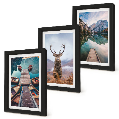 Photo frame wall Lake with boats, deer and mountain landscape