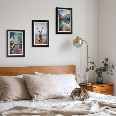 Photo frame wall Lake with boats, deer and mountain landscape