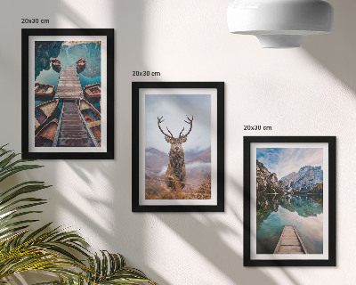 Photo frame wall Lake with boats, deer and mountain landscape