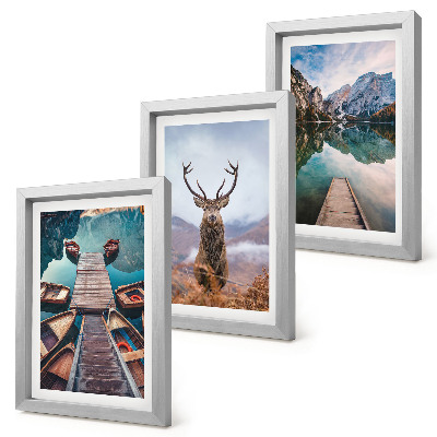 Photo frame wall Lake with boats, deer and mountain landscape