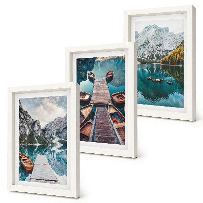 Framed triptych A lake with wooden piers and mountains