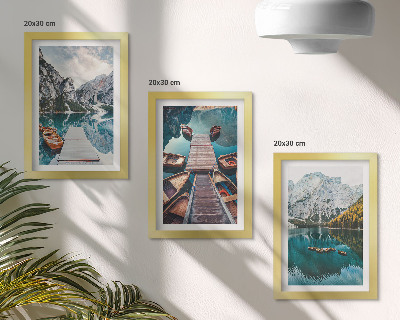 Framed triptych A lake with wooden piers and mountains