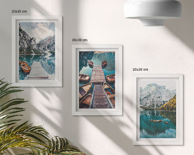 Framed triptych A lake with wooden piers and mountains