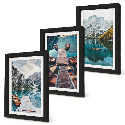 Framed triptych A lake with wooden piers and mountains