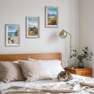 Photo frame wall View of the lighthouse beach, mountains and flowers