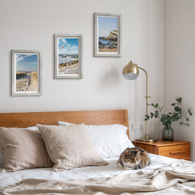 Framed triptych Beach with wooden path, sea and seaside cliffs