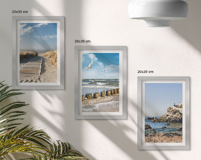 Framed triptych Beach with wooden path, sea and seaside cliffs