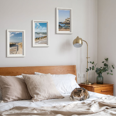 Framed triptych Beach with wooden path, sea and seaside cliffs