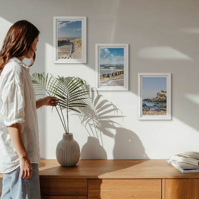 Framed triptych Beach with wooden path, sea and seaside cliffs
