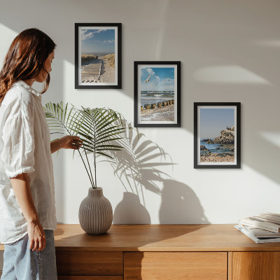 Framed triptych Beach with wooden path, sea and seaside cliffs