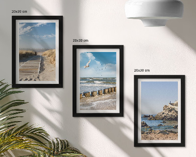 Framed triptych Beach with wooden path, sea and seaside cliffs