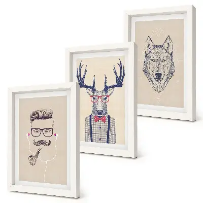 3-piece wall art set Stylish portraits of animals and men
