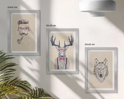 3-piece wall art set Stylish portraits of animals and men