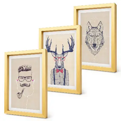 3-piece wall art set Stylish portraits of animals and men