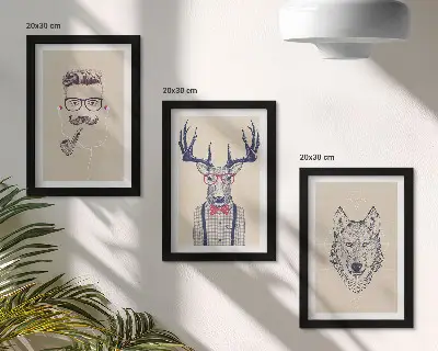 3-piece wall art set Stylish portraits of animals and men
