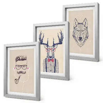3-piece wall art set Stylish portraits of animals and men