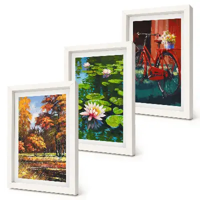 Photo frame wall autumn colors featuring a lily pond and a bicycle on the terrace