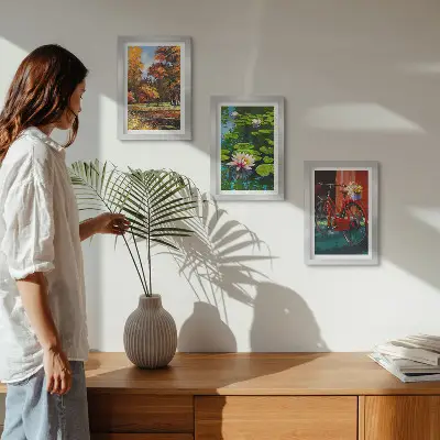 Photo frame wall autumn colors featuring a lily pond and a bicycle on the terrace
