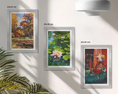 Photo frame wall autumn colors featuring a lily pond and a bicycle on the terrace
