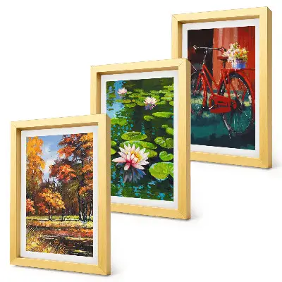 Photo frame wall autumn colors featuring a lily pond and a bicycle on the terrace