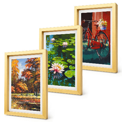 Photo frame wall Autumn colors, lily pond, bicycle on the terrace