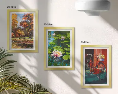 Photo frame wall autumn colors featuring a lily pond and a bicycle on the terrace