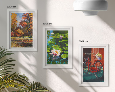 Photo frame wall Autumn colors, lily pond, bicycle on the terrace