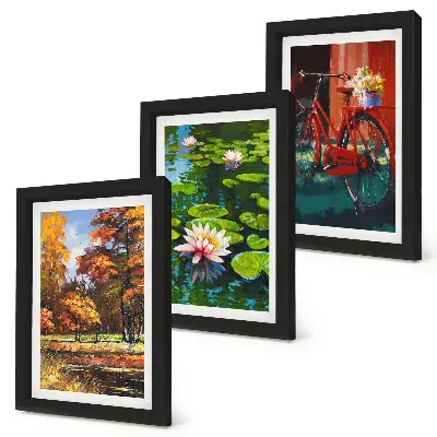 Photo frame wall autumn colors featuring a lily pond and a bicycle on the terrace