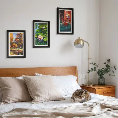 Photo frame wall autumn colors featuring a lily pond and a bicycle on the terrace