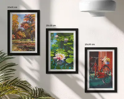 Photo frame wall autumn colors featuring a lily pond and a bicycle on the terrace