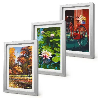 Photo frame wall autumn colors featuring a lily pond and a bicycle on the terrace
