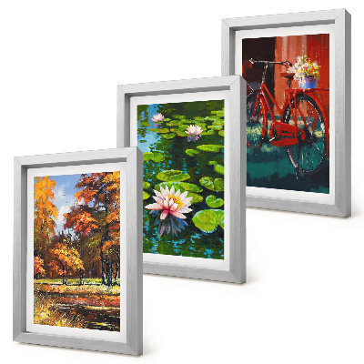 Photo frame wall Autumn colors, lily pond, bicycle on the terrace