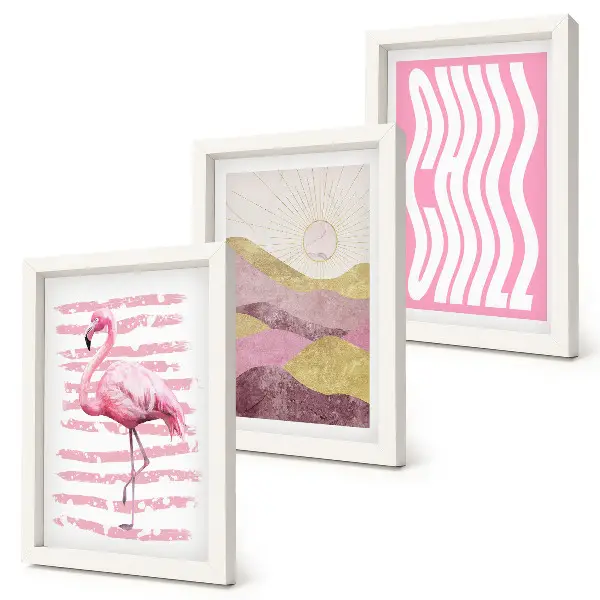 Pink flamingo and pastel mountain landscape triptych framed wall art with chill lettering