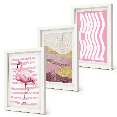 Framed triptych Pink flamingos pastel mountain landscape Chill lettering