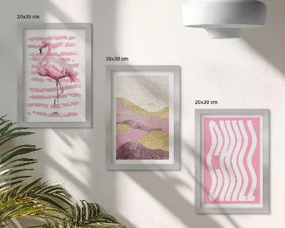 Pink flamingo and pastel mountain landscape triptych framed wall art with chill lettering