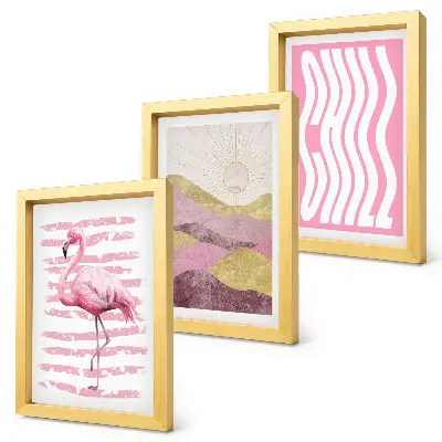Pink flamingo and pastel mountain landscape triptych framed wall art with chill lettering