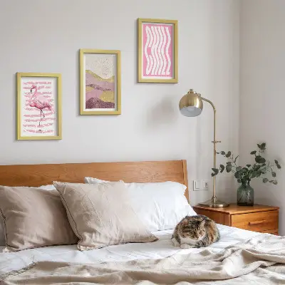 Framed triptych Pink flamingos pastel mountain landscape Chill lettering