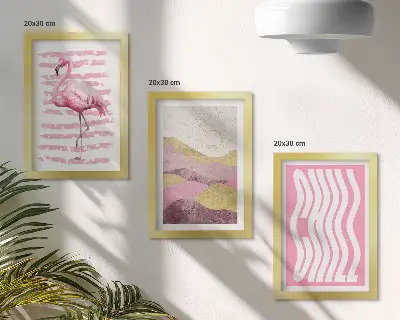 Framed triptych Pink flamingos pastel mountain landscape Chill lettering