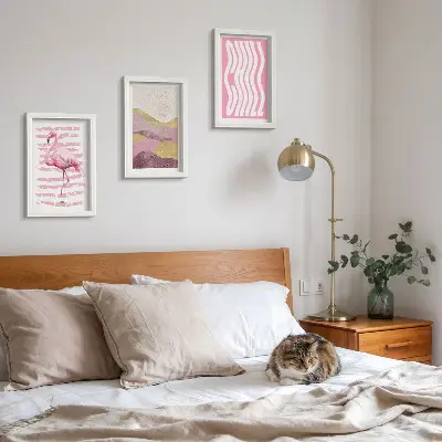 Pink flamingo and pastel mountain landscape triptych framed wall art with chill lettering