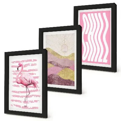 Pink flamingo and pastel mountain landscape triptych framed wall art with chill lettering