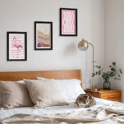 Pink flamingo and pastel mountain landscape triptych framed wall art with chill lettering
