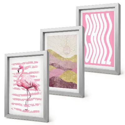 Pink flamingo and pastel mountain landscape triptych framed wall art with chill lettering